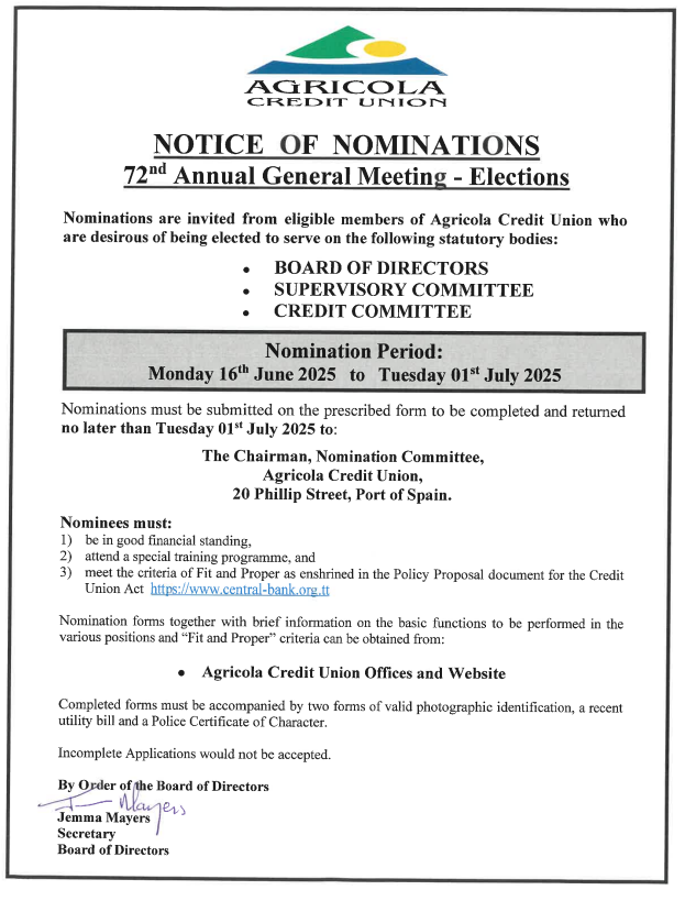 Notice of opening of nominations